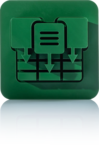 Le symbole est vert unicolore et montre deux symboles stylisés de tableau ou de catalogue avec une structure de lignes qui se chevauchent. Il est précédé d'une flèche qui indique une opération d'exportation. Il est représenté dans un carré aux coins arrondis. Cette icône représente le module d'exportation de données E-Catalogues de crossbase.