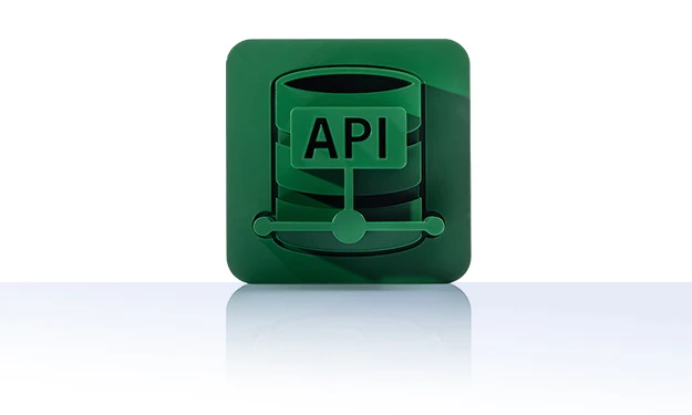 L'icône est verte unicolore et représente une base de données avec une étiquette sur laquelle est inscrit « API ». La représentation est stylisée et se trouve dans un carré aux coins arrondis. Cette icône représente le serveur API de crossbase.